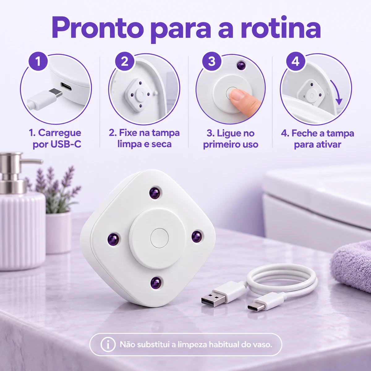 Como usar, transportar ou conservar Higienizador UV para vaso sanitário com 5 pastilhas aromáticas